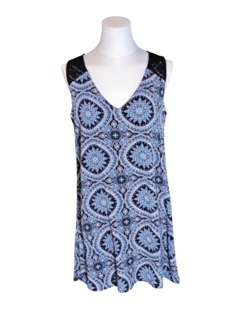 Lily Rose Black Lace Keyhole Back Moroccan Blue V-neck Tunic Dress Size Small